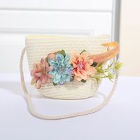 Women's Mini Straw Flower Bow Knot Fashion Bucket Zipper Shoulder Bag Handbag Crossbody Bag sku image 12