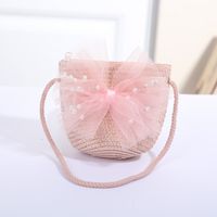 Women's Mini Straw Flower Bow Knot Fashion Bucket Zipper Shoulder Bag Handbag Crossbody Bag sku image 10