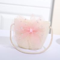 Women's Mini Straw Flower Bow Knot Fashion Bucket Zipper Shoulder Bag Handbag Crossbody Bag sku image 7