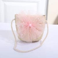Women's Mini Straw Flower Bow Knot Fashion Bucket Zipper Shoulder Bag Handbag Crossbody Bag sku image 8