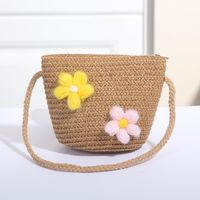 Women's Mini Straw Flower Bow Knot Fashion Bucket Zipper Shoulder Bag Handbag Crossbody Bag sku image 21