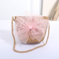 Women's Mini Straw Flower Bow Knot Fashion Bucket Zipper Shoulder Bag Handbag Crossbody Bag sku image 11