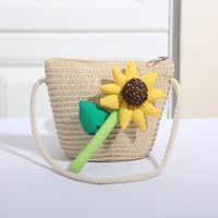 Women's Mini Straw Flower Bow Knot Fashion Bucket Zipper Shoulder Bag Handbag Crossbody Bag sku image 28