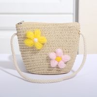 Women's Mini Straw Flower Bow Knot Fashion Bucket Zipper Shoulder Bag Handbag Crossbody Bag sku image 18