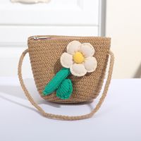Women's Mini Straw Flower Bow Knot Fashion Bucket Zipper Shoulder Bag Handbag Crossbody Bag sku image 37