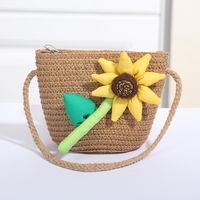 Women's Mini Straw Flower Bow Knot Fashion Bucket Zipper Shoulder Bag Handbag Crossbody Bag sku image 31