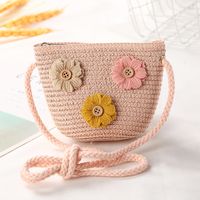 Kid's Small Straw Flower Cute Bucket Zipper Shoulder Bag Crossbody Bag sku image 9