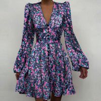 Women's A-line Skirt Elegant V Neck Printing Long Sleeve Ditsy Floral Color Block Midi Dress Daily main image 1