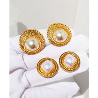 French Vintage Style Round Stud Big Pearl Silver Needle Earrings sku image 7