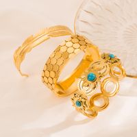 Fashion Hexagon Sun Feather Stainless Steel Hollow Out Turquoise Gold Plated Bangle main image 5