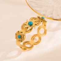 Fashion Hexagon Sun Feather Stainless Steel Hollow Out Turquoise Gold Plated Bangle main image 3
