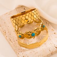 Fashion Hexagon Sun Feather Stainless Steel Hollow Out Turquoise Gold Plated Bangle main image 1