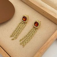 1 Pair Retro Square Tassel Inlay Copper Artificial Gemstones 14k Gold Plated Drop Earrings main image 4