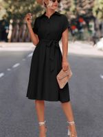 Women's A-line Skirt Elegant Shirt Collar Belt Short Sleeve Solid Color Maxi Long Dress Street main image 5