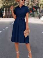 Women's A-line Skirt Elegant Shirt Collar Belt Short Sleeve Solid Color Maxi Long Dress Street main image 4