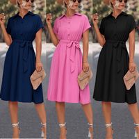 Women's A-line Skirt Elegant Shirt Collar Belt Short Sleeve Solid Color Maxi Long Dress Street main image 1