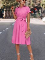 Women's A-line Skirt Elegant Shirt Collar Belt Short Sleeve Solid Color Maxi Long Dress Street main image 3