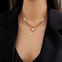 Retro Fashion Korean Style Butterfly Titanium Steel Plating Artificial Pearls Layered Necklaces 1 Piece main image 4