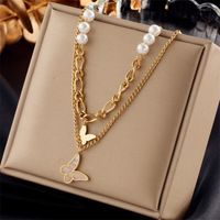 Retro Fashion Korean Style Butterfly Titanium Steel Plating Artificial Pearls Layered Necklaces 1 Piece sku image 1