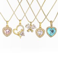 Fashion Heart Shape Butterfly Copper Enamel Plating Inlay Zircon Pendant Necklace 1 Piece main image 1