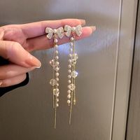 1 Pair Sweet Flower Bow Knot Alloy Beaded Inlay Rhinestones Pearl Women's Drop Earrings sku image 10