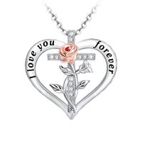 Copper IG Style MAMA Shiny Cross Heart Shape Rose Hollow Out Inlay Zircon Pendant Necklace main image 5