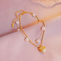 Fashion Heart Shape Titanium Steel Inlaid Pearls Gold Plated Valentine's Day Women's Anklet main image 3
