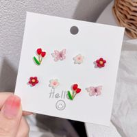 4 Pairs Sweet Flower Butterfly Resin Enamel Women's Ear Studs main image 4