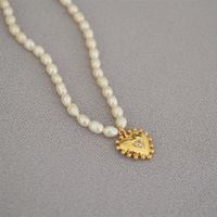 Retro Leaf Devil's Eye Heart Shape Freshwater Pearl Brass Beaded Necklace sku image 12