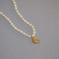 Retro Leaf Devil's Eye Heart Shape Freshwater Pearl Brass Beaded Necklace sku image 1