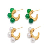 1 Pair Retro C Shape Plating Hollow Out Inlay Stainless Steel Artificial Gemstones Pearl Ear Studs main image 3