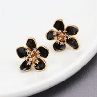 1 Pair Elegant Flower Petal Enamel Inlay Copper Zircon Gold Plated Ear Studs sku image 4