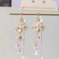 1 Pair Fashion Flower Shell Tassel Pearl Inlay Alloy Rhinestones Drop Earrings main image 3