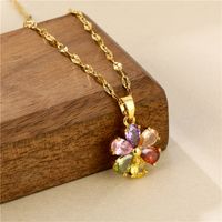 Brass 201 Stainless Steel 18K Gold Plated Shiny Plating Inlay Flower Zircon Pendant Necklace main image 4