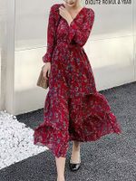 Women's A-line Skirt Elegant Vacation Pastoral V Neck Layered Long Sleeve Ditsy Floral Maxi Long Dress Daily main image 1