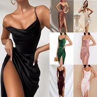 Femmes Robe À Bretelles Robe Fendue Sexy Sangle Sans Manches Couleur Unie Robe Mi-Longue Banquet Date D'Anniversaire Cocktail Party main image 11