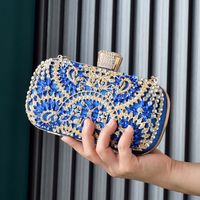 Red Royal Blue Gold Pu Leather Flower Rhinestone Oval Clutch Evening Bag main image 3