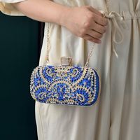 Red Royal Blue Gold Pu Leather Flower Rhinestone Oval Clutch Evening Bag main image 2