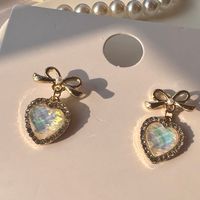 1 Pair Retro Heart Shape Bow Knot Alloy Inlay Opal Women's Drop Earrings main image 5