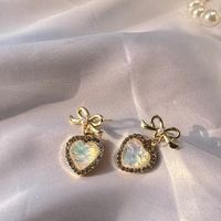 1 Pair Retro Heart Shape Bow Knot Alloy Inlay Opal Women's Drop Earrings main image 4