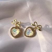 1 Pair Retro Heart Shape Bow Knot Alloy Inlay Opal Women's Drop Earrings sku image 1