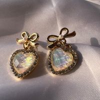 1 Pair Retro Heart Shape Bow Knot Alloy Inlay Opal Women's Drop Earrings main image 2