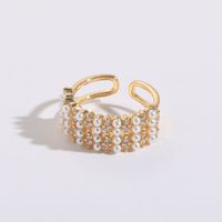 Fashion C Shape Copper 14k Gold Plated Artificial Pearls Zircon Open Ring In Bulk main image 10