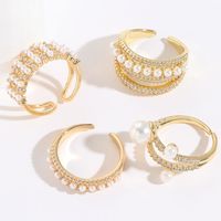 Fashion C Shape Copper 14k Gold Plated Artificial Pearls Zircon Open Ring In Bulk main image video