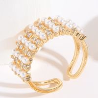 Fashion C Shape Copper 14k Gold Plated Artificial Pearls Zircon Open Ring In Bulk sku image 4