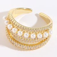 Fashion C Shape Copper 14k Gold Plated Artificial Pearls Zircon Open Ring In Bulk sku image 3