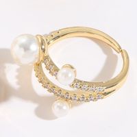 Fashion C Shape Copper 14k Gold Plated Artificial Pearls Zircon Open Ring In Bulk sku image 2