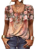 Women's T-shirt Short Sleeve T-shirts Printing Button Vintage Style Ethnic Style Flower main image 4
