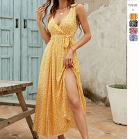 Femmes Robe Fendue Mode Col En V Impression Fente Sans Manches Petites Fleurs Maxi Longue Robe Du Quotidien main image 1