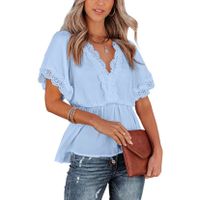Women's Chiffon Shirt Short Sleeve T-shirts Splicing Fashion Solid Color sku image 17